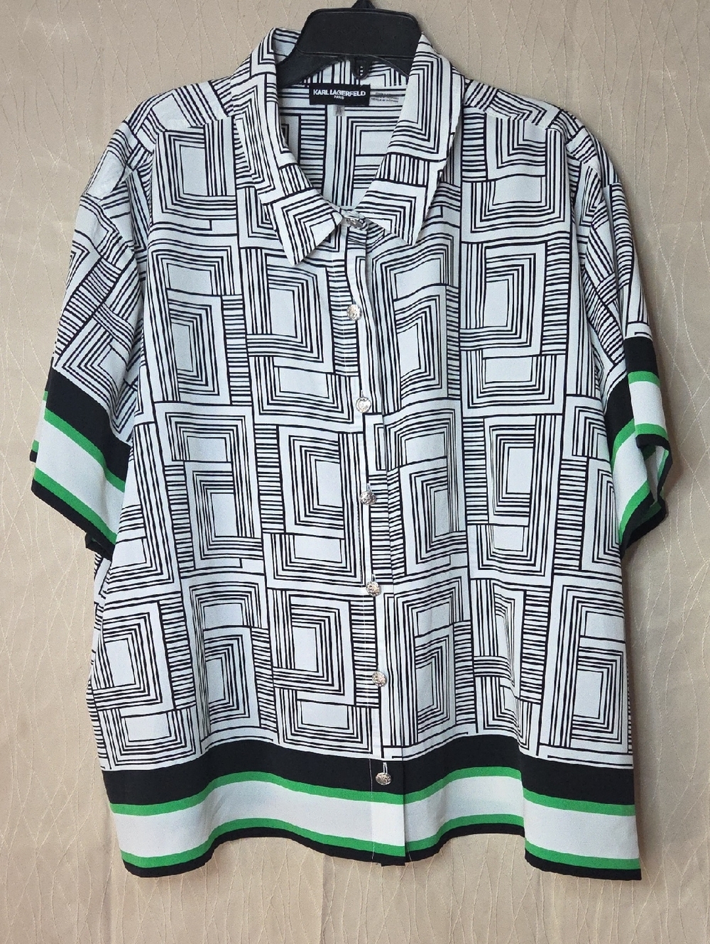 Karl Lagerfeld Black & White Geometric Button-Up with Green Stripes